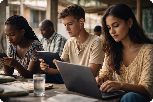 Students using laptops and tablets for digital learning in a group setting