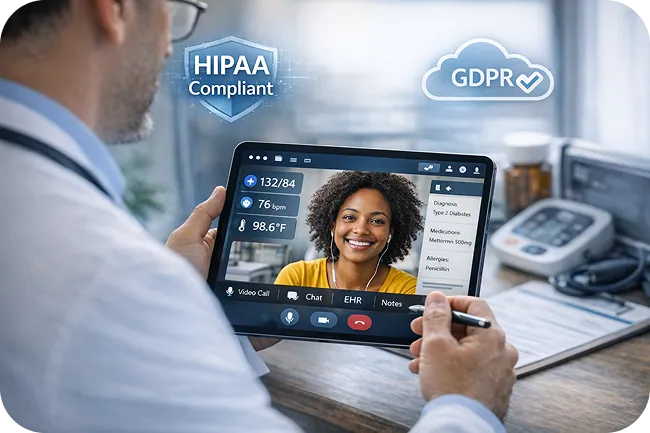 Clinical dashboard showing real-time patient metrics with HIPAA and GDPR compliance markers